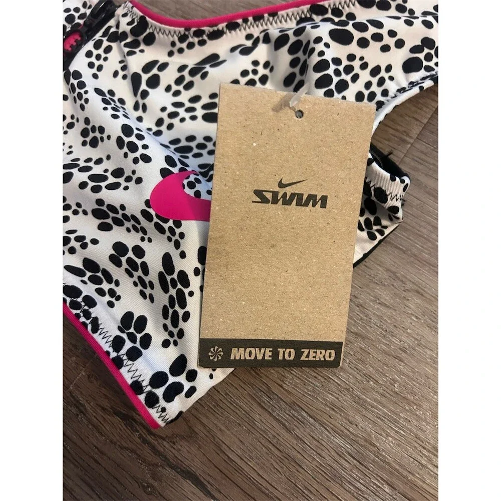 Nike Swim Bikini Top Womens M White Black Polka Dot Zip Front Pink Trim